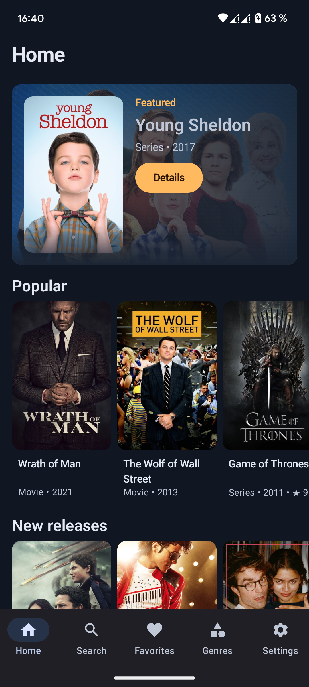 Reel Route Movie app home screen with featured, popular, and new release sections